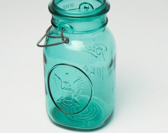 Ball Ideal Jar / Ball Centennial / Quart Size / Deep Aqua / Zinc Bale