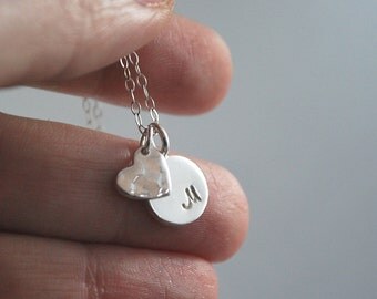 SILVER disc letter + heart necklace, Monogram and love heart pendant Delicate + dainty necklace layering necklace friendship gift or mothers