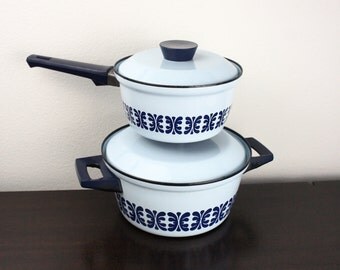 Vintage Light Blue Cathrineholm Dutch Oven and Sauce Pan Set With Navy Pattern, Vintage Enamelware Pans With Lid and Handles, Norway