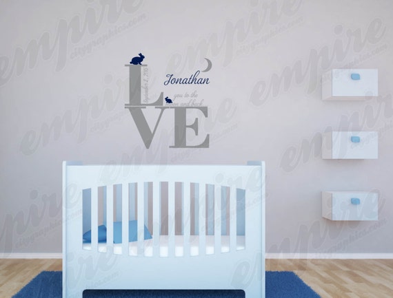 Love you to the moon decals, LOVE Word, Birth announcement, Personalized Name Decals, girls nursery Decals, boy Decals, bunny decals,