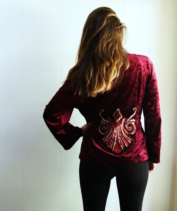 pom trim pom velvet Gothic art velvet wrap crushed blouse burgundy yarn applique jacket