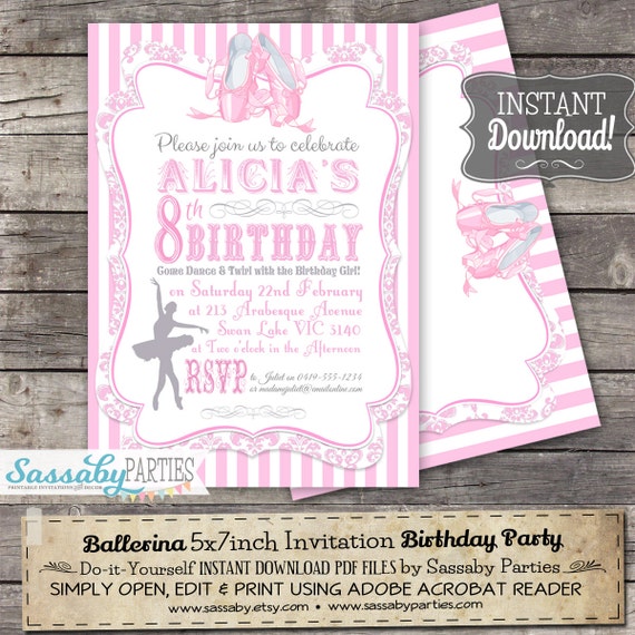 Ballerina Invitation - INSTANT DOWNLOAD - Girls Pink Ballet, Dancing, Ballety Shoes, Birthday Party Invitation by Sassaby Parties Il_570xn