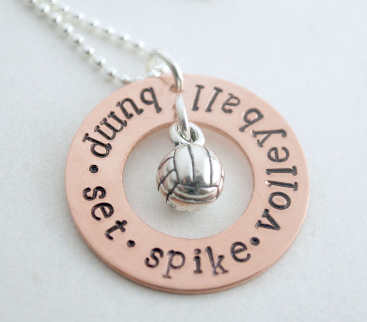 Volleyball Charm Necklace Sterling Silver Handstamped Bump