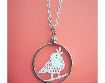 Papercut Bird Necklace- Original Handcut Paper in Glass Pendants with Silver Chain