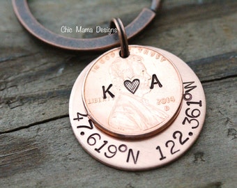 Lucky to Have Found You Coordinates Keychain, Lucky US Copper Penny Key Chain, Longitude Latitude Keychain, 7 Year Anniversary Present