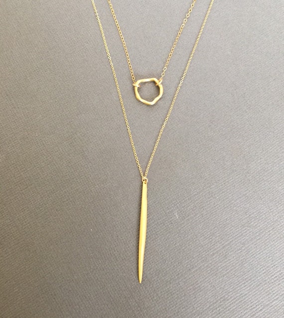 Gold Stick Necklace circle charm and Gold stick layering