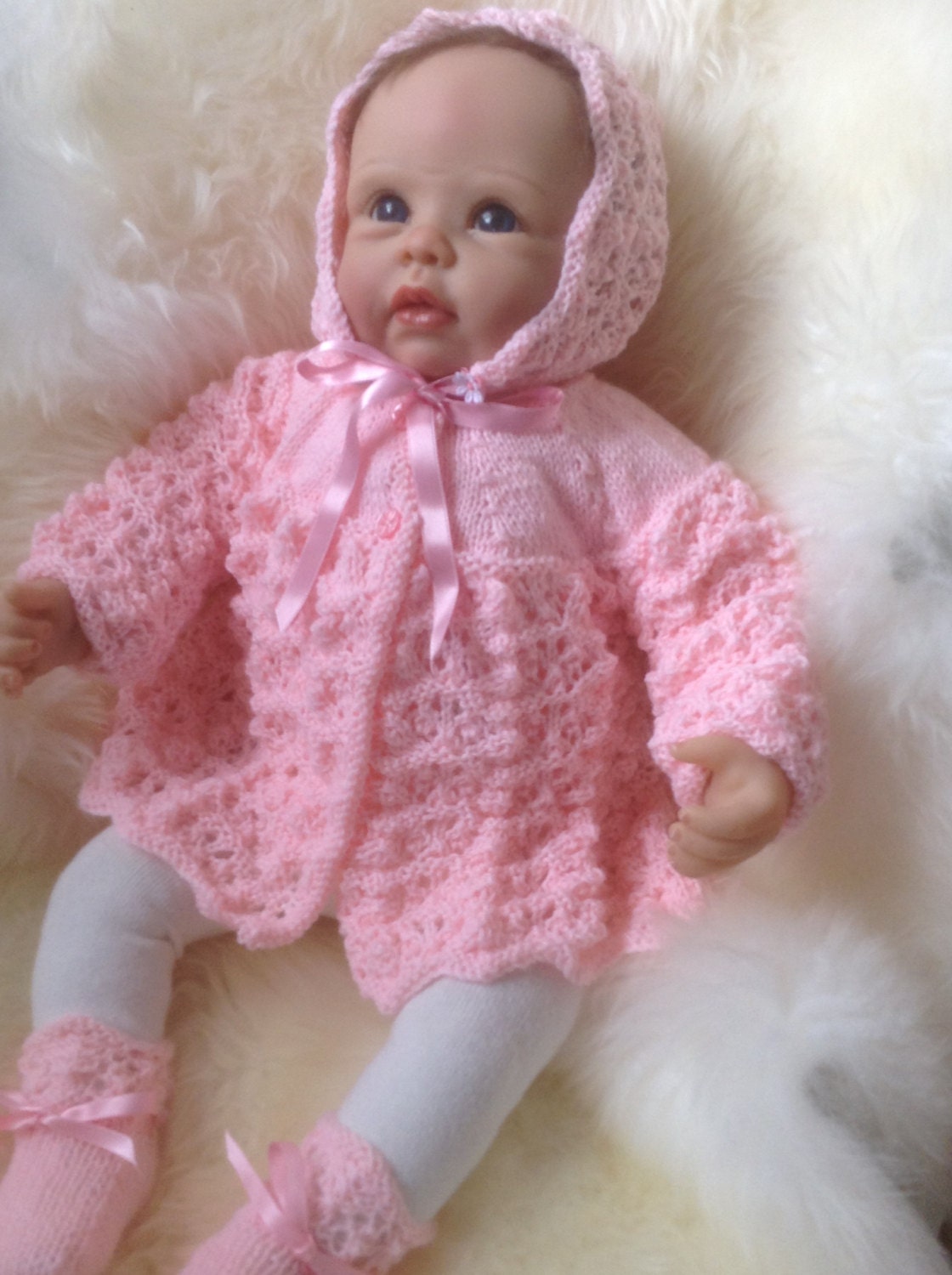 Baby Matinee Coat Bonnet and Booties in Peach to Fit 0-3