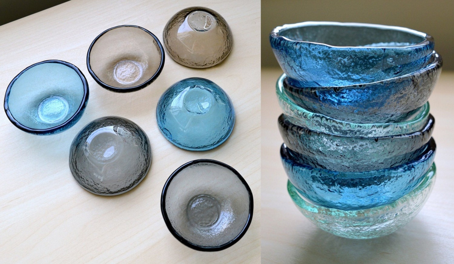 Set of Twelve Fused Glass Small Bowls. Soy Sauce Bowl. Small