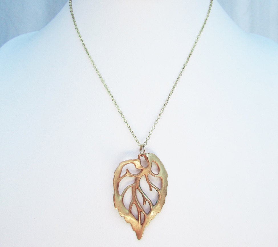 Leaf necklace large gold plated leaf pendant necklace modern
