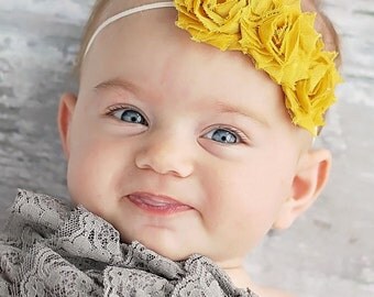 Mustard Shabby chic Headband Newborn headband Baby girl headband Toddler Elastic Photo Prop