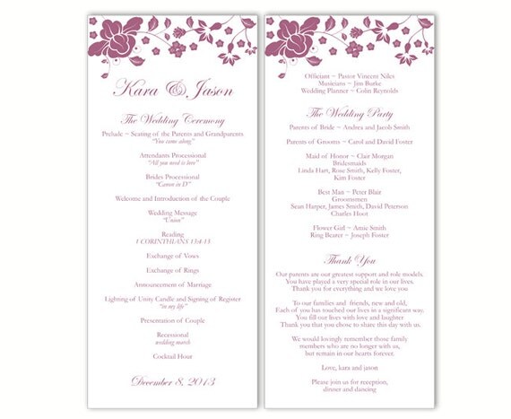 Wedding Program Template DIY Editable Word File Instant Download Program Eggplant Program Purple Floral Program Printable Program 4x9.25