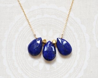 lapis lazuli trio drop necklace /// delicate layering necklace /// royal blue lapis lazuli jewelry