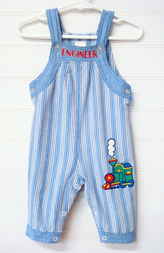 Vintage Baby Clothes/Baby Boy Overalls Blue and White Striped