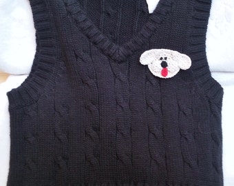 Baby Infant Boys Black Pullover Cable Sweater Vest - Handmade Puppy Dog Face - One Size 12 months