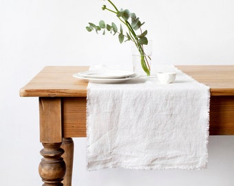 White Stone Washed Linen Table Runner With Fringes