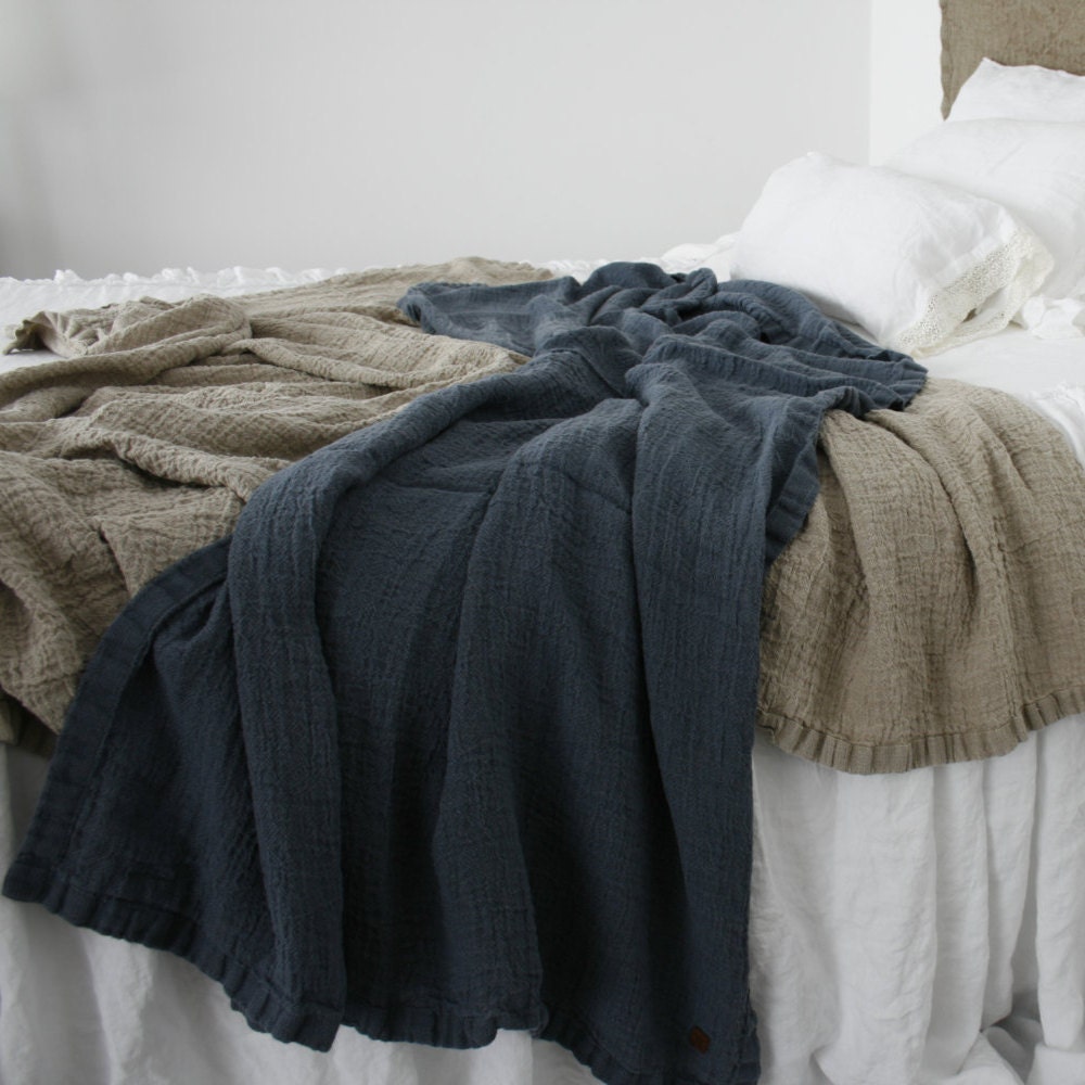 LINEN BLANKET Rustic linen bed throw bedspread. RAW by
