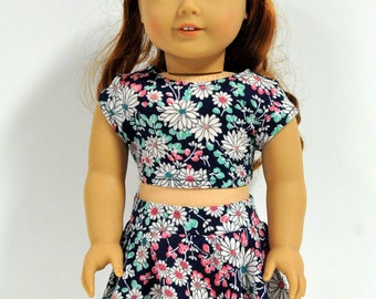 Navy Teal and Coral Floral Skater Skirt and Crop Top 18 inch Doll Clothes fits dolls such as American Girl doll clothes