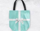 Designer Inspired Robin Egg Blue Name & Co. Tote Bag with Printed White Ribbon and your custom and Co. name