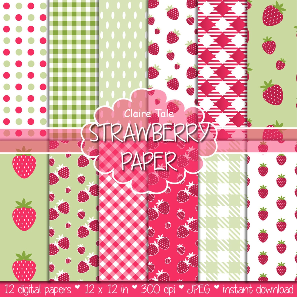 Strawberry digital paper: STRAWBERRIES paper pack