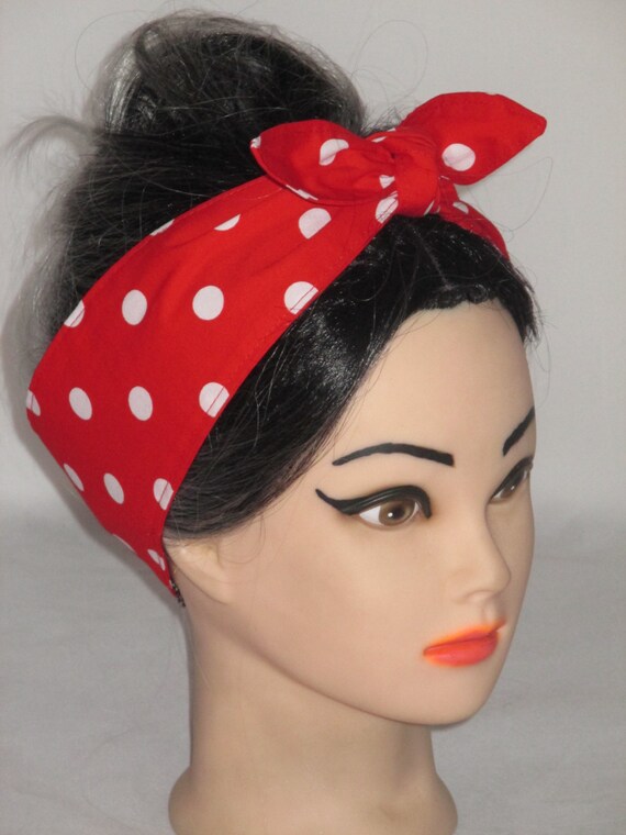 White Red Polka dots Rockabilly Head Scarf 50 s Pinup Vintage