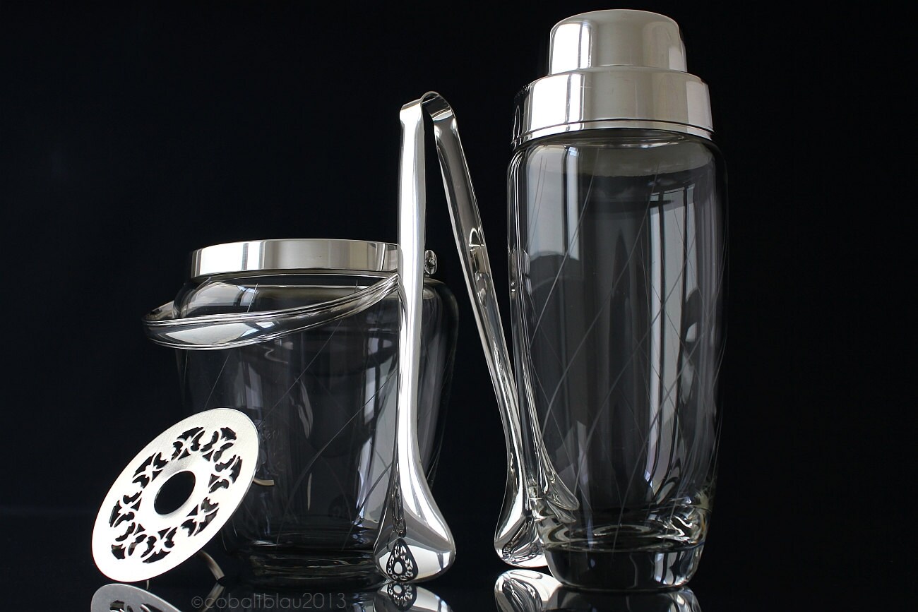 Mid Century Cocktail Shaker Set with Ice Bucket & Ice Tongs