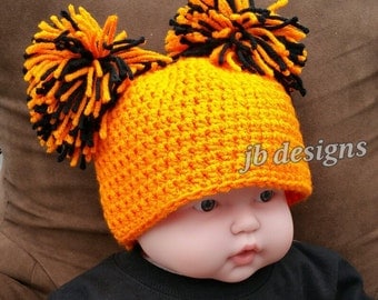 Baby's first Halloween, newborn Halloween costume, Halloween pictures, team spirit, black and orange hats pom pom hats, team colors