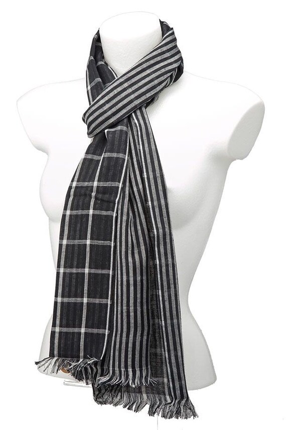 Mens Scarf Black White and Grey Checked Striped by purplepossumuk