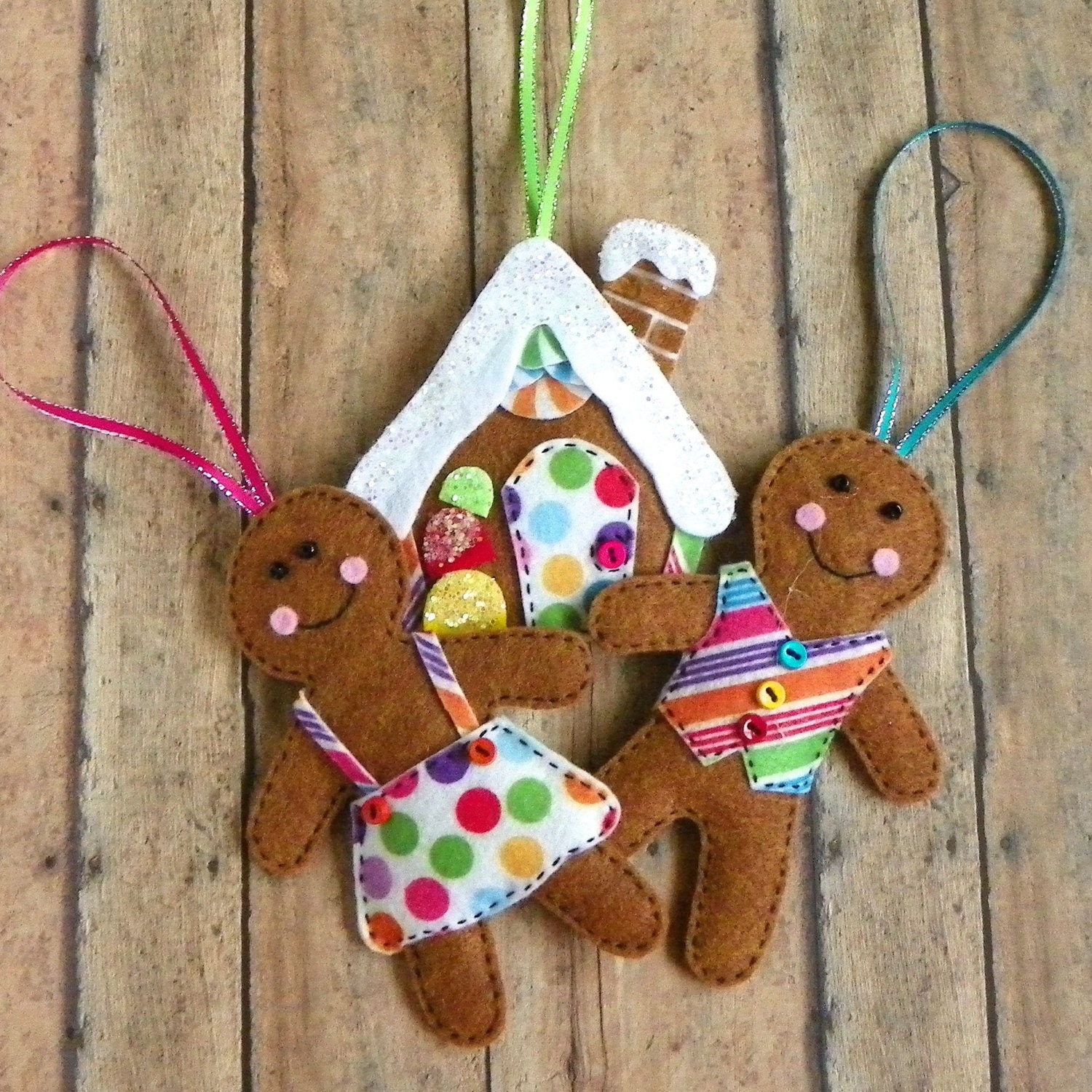 Felt Gingerbread Christmas Tree Ornaments Set of 3 House Boy