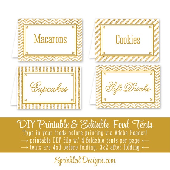 Gold Glitter Printable Party Food Tents Folding Editable