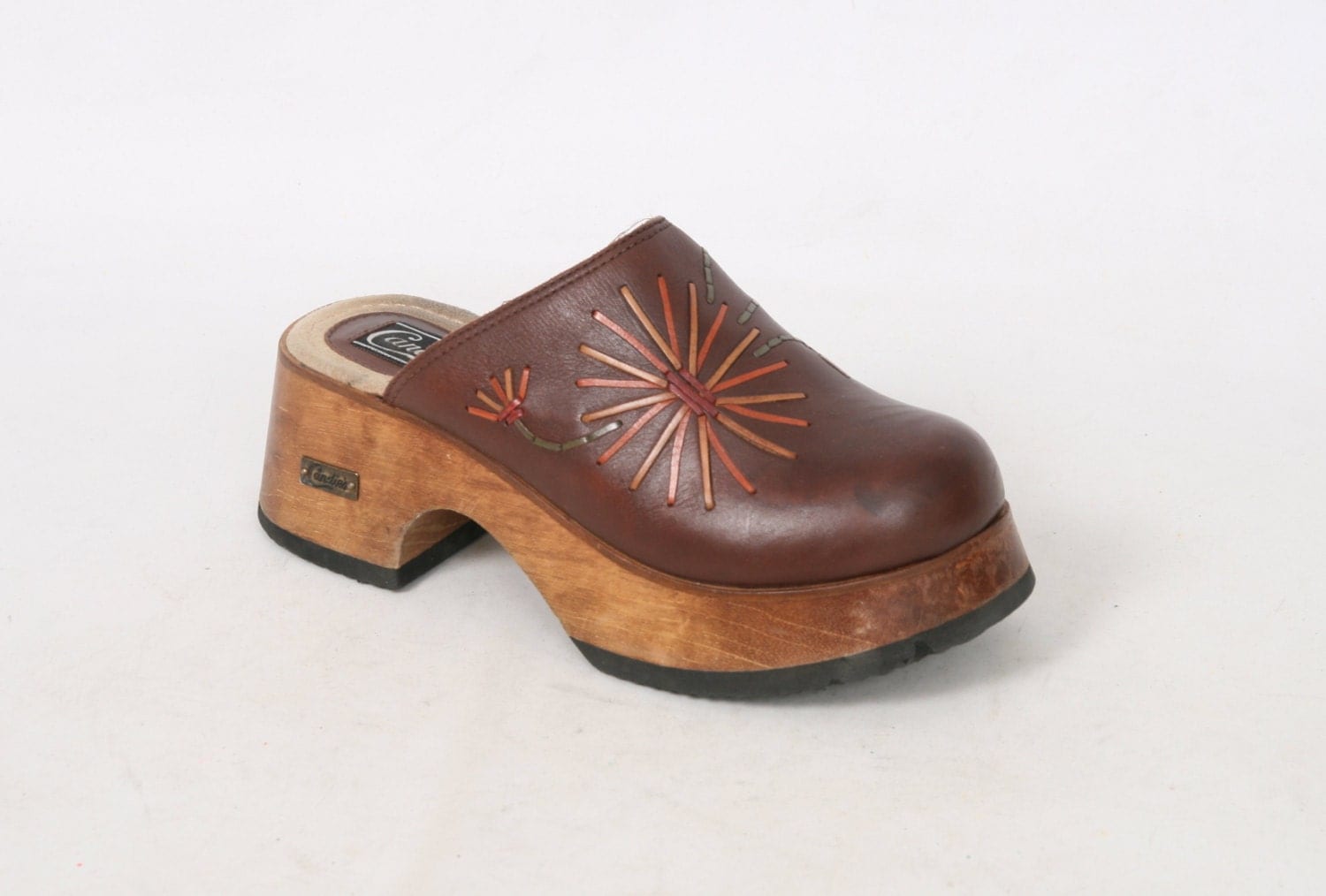 CANDIES Womens 9 M Brown Leather CHUNKY Clogs Wooden Sole