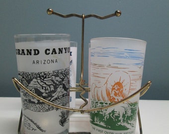 Set 4 Vintage Hazel Atlas Frosted States Glasses with Gold Mid Century Carrier