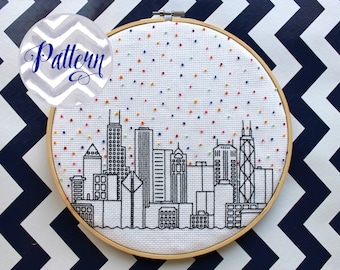 Hello Chicago Cross Stitch Pattern. Cubs. Confetti City Skyline. Cityscape. Digital PDF Pattern. Blackwork. Housewarming. Bears.