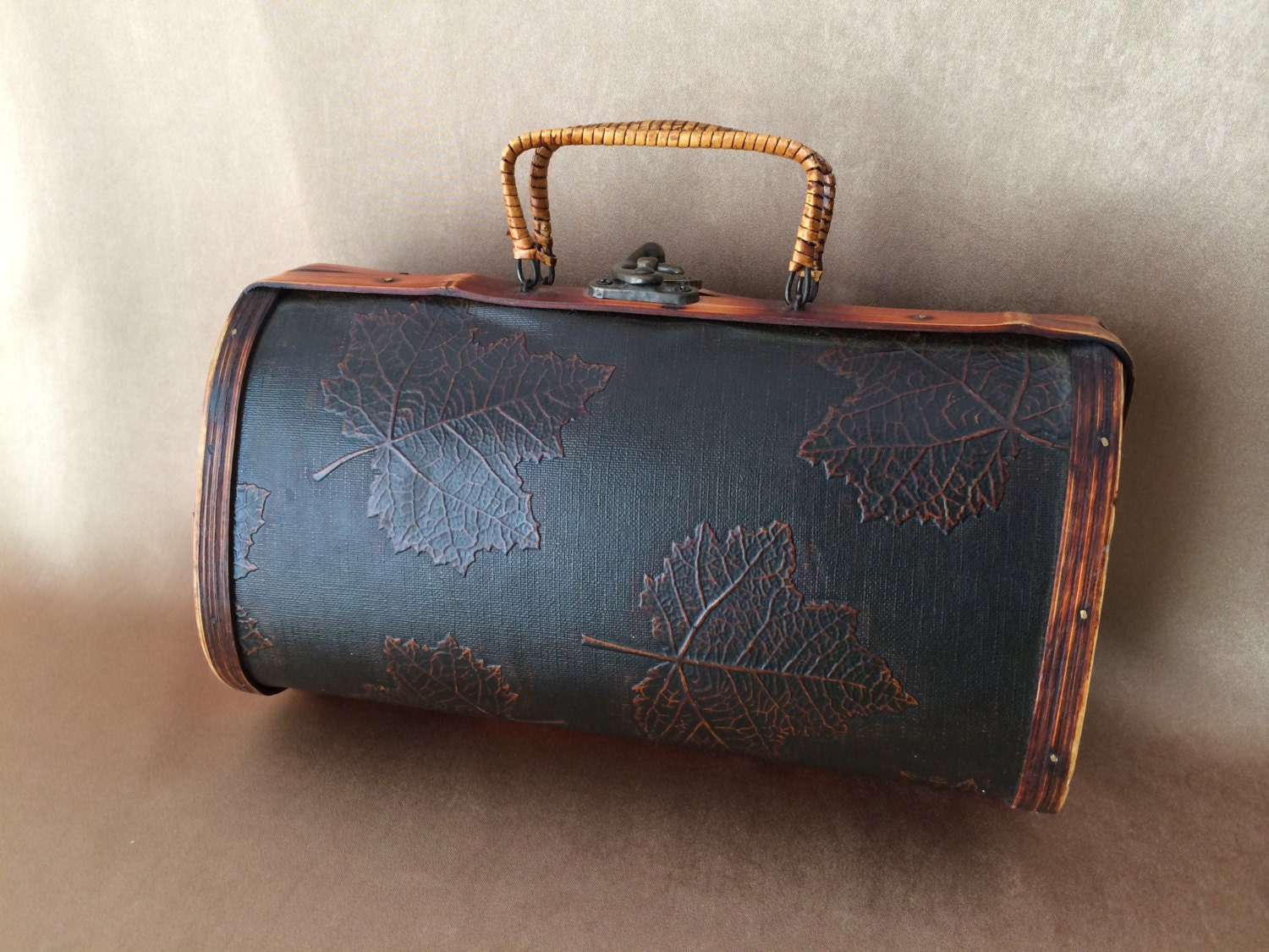 Boho Wood Purse Embossed Leather Vintage Purse Hand Tooled