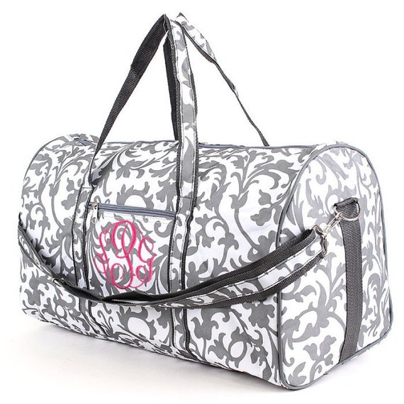 Monogram weekender bag-Personalized Gray Damask weekender bag/over night bag/duffle/gym/travel ...