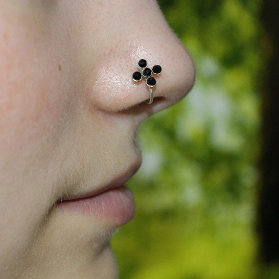 Nose Ring Hoop - Silver Nose Stud - Helix Piercing - Tragus Jewelry - Cartilage Earring - Septum 18g - Rook Earring - 2mm Onyx Nose Piercing