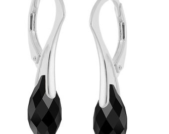 925 Sterling Silver Briolette Teardrop Black Onyx Swavroski Crystal Leverback Earrings