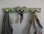 Accessory Rack-Unique Heart Accessory Storage-Paint Distressed Blue Yellow White- 5 Ceramic Knobs Accessory Rack-Unique Heart Accessory Storage-Paint Distressed Blue Yellow White- 5 Ceramic Knobs