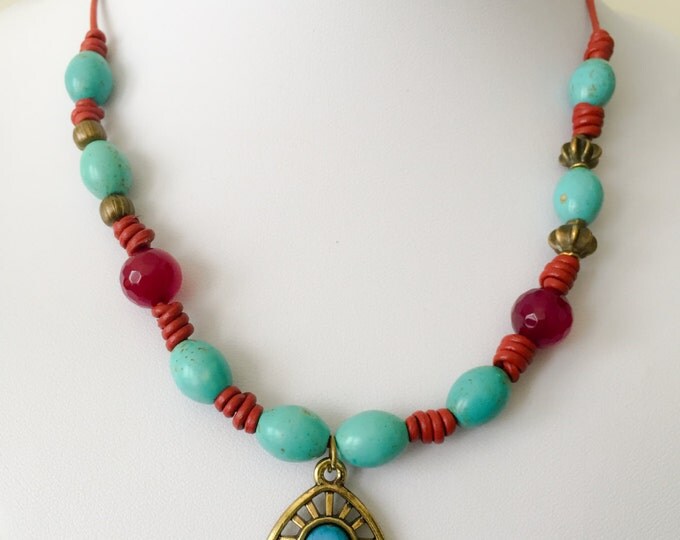Red boho turquoise necklace, boho turquoise necklace, leather turquoise necklace, turquoise necklace, red agate necklace