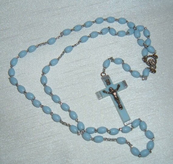 Beautiful Vintage Rosary Made in Italy Light Blue Wood Beads