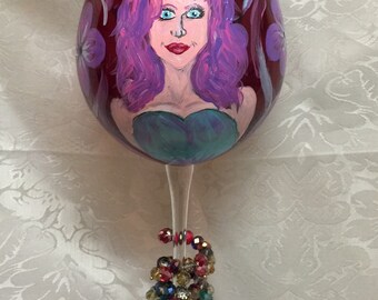 Sale! Girly girl wine glass and wrapped bead ring~21st birthday wine glass~butterfly girl wine glass~dragonfly wine glass~21st wine glass