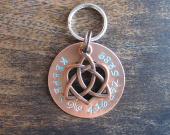 Pet ID Tag - Dog Tag - Cat Tag - Bridle Tag - Hand Stamped Copper Ring with a Celtic Heart Charm