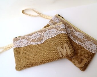 Bridesmaids clutch/ Personalize Clutch/ Burlap lace clutch / / Lace clutch / wristlet / bridesmaid gift / custom order / express shipping