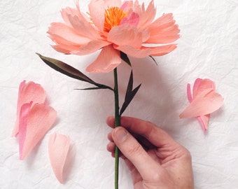 Single Stem Open Paper Peony- Paper Flowers- Paper Anniversary- 1st Anniversary- Paper Flower- Paper Decor- Crepe Paper Flowers