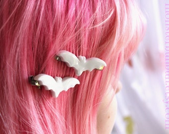 White Creepy Cute Bat Hair Clips - pastel goth hair clips