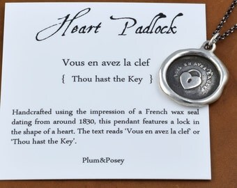 Heart Padlock - Antique Wax Seal Necklace - Key to my Heart Pendant - Heart Lock and Key Lovers Necklace - 126