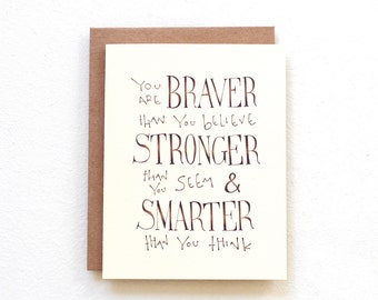 Winnie the Pooh quote card - You are braver than you believe stronger than you seem, thinking of you card, handmade card, graduation card