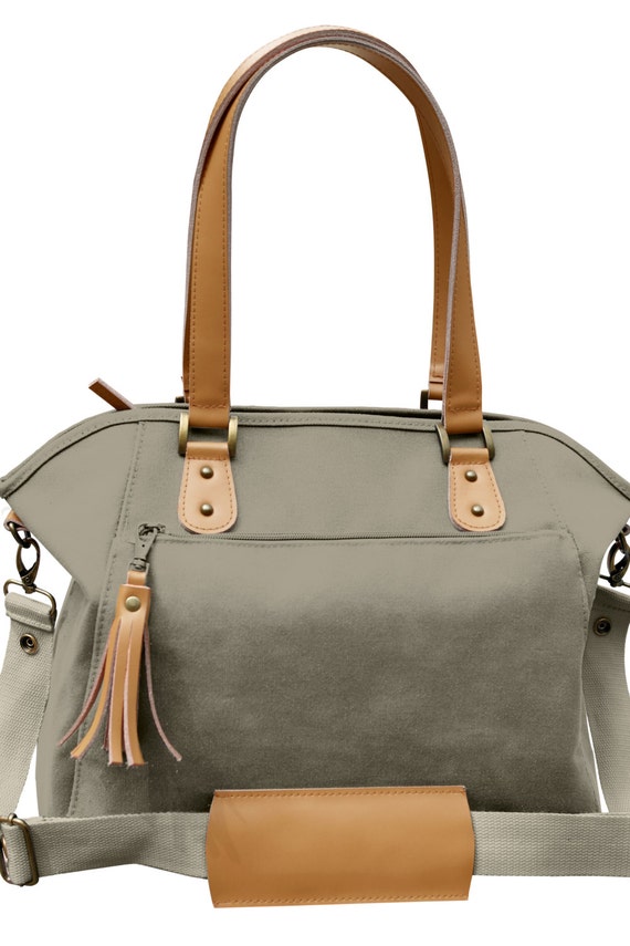 Taupe Canvas Leather Trimmed Tote Diaper Bag by TheYellowPacifier