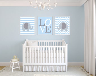 Elephant Nursery Art Print. Blue and Gray Love. Blue Nursery Art. 4 Sizes Available - Colors Customizable H170 - Unframed