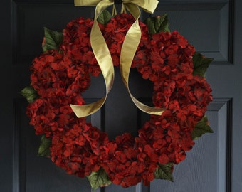 Red Hydrangea Wreath | Burgundy Hydrangeas | Front Door Wreaths | Outdoor Wreath | New Home Door Wreath | Year Round Wreath for Door