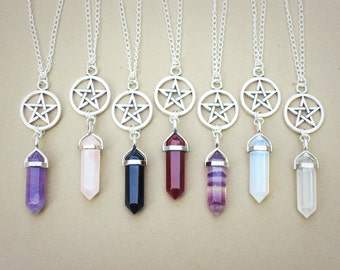 Crystal Point Necklace // Pentagram Necklace // Gemstone Necklace // Rose Quartz Fluorite Opalite Amethyst Agate // 90s Grunge Pastel Goth